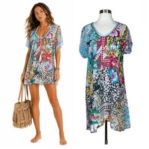 Johnny Was | Floral Patchwork Blue Multicolor Tunic Swimsuit Cover Up Dress M